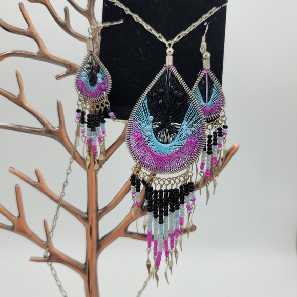 Boho Thread Art Necklace & Earrings Set Beaded Fringe Festival Jewelry Vintage - Picture 14 of 14